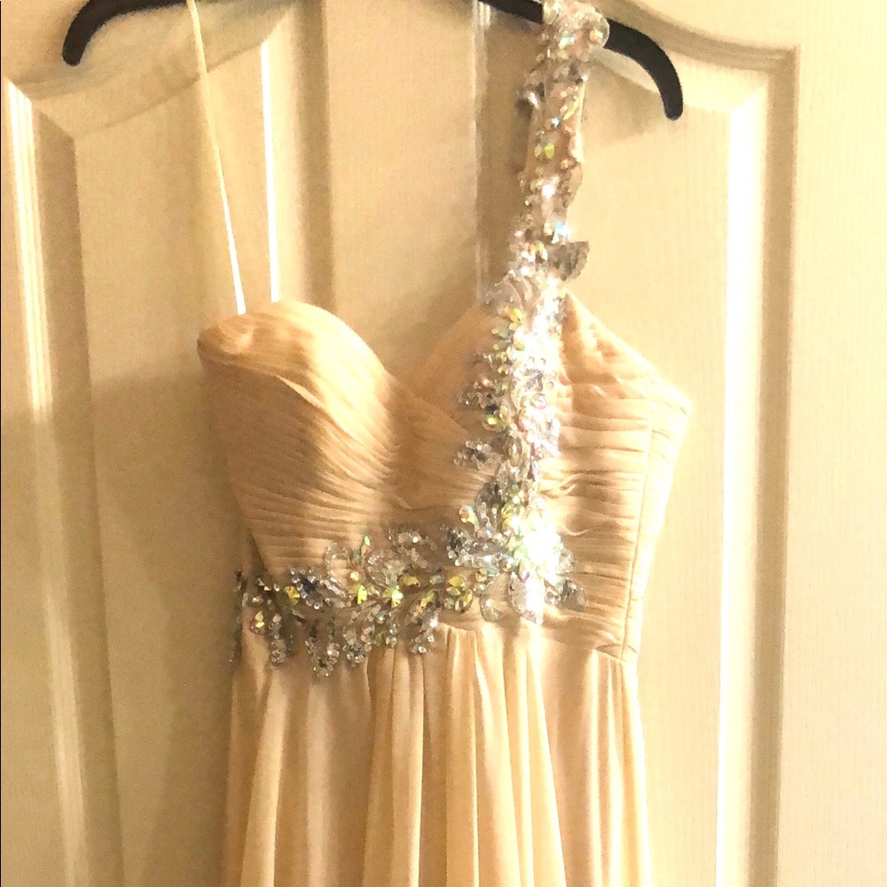 Night moves full length one shoulder beige gown